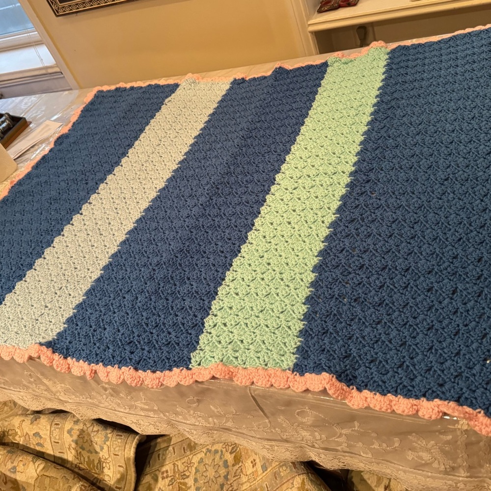 NEW Elegant Blue, Green and Pink Hand Crocheted Throw Blanket.